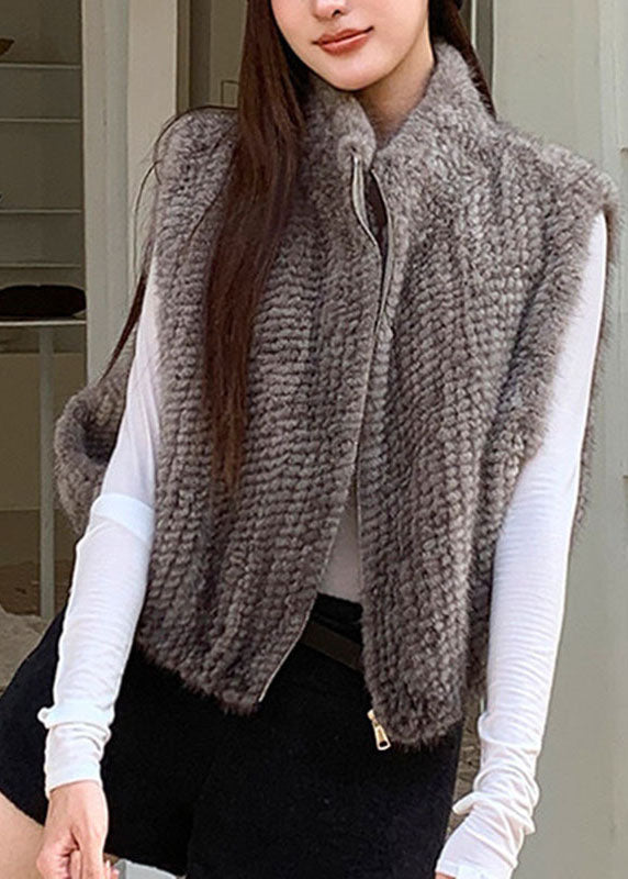 Grey Stand Collar Mink Hair Waistcoat Winter