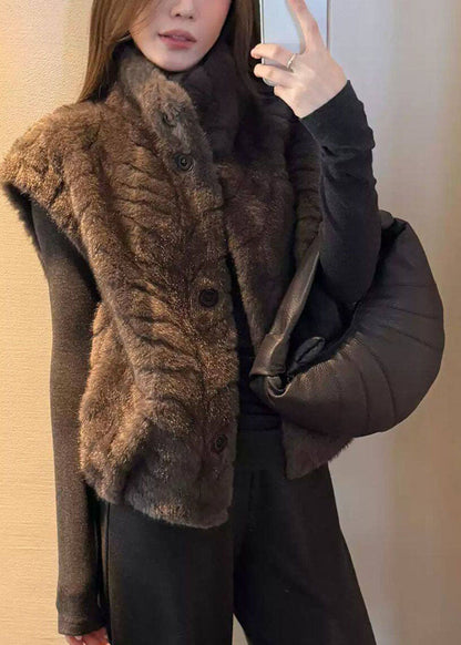 Grey Stand Collar Pockets Fuzzy Fur Waistcoat Winter