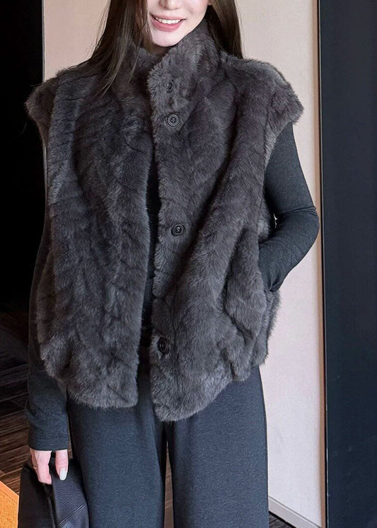 Grey Stand Collar Pockets Fuzzy Fur Waistcoat Winter