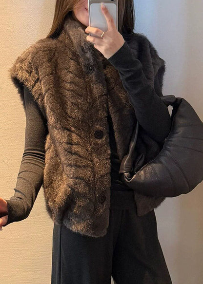 Grey Stand Collar Pockets Fuzzy Fur Waistcoat Winter
