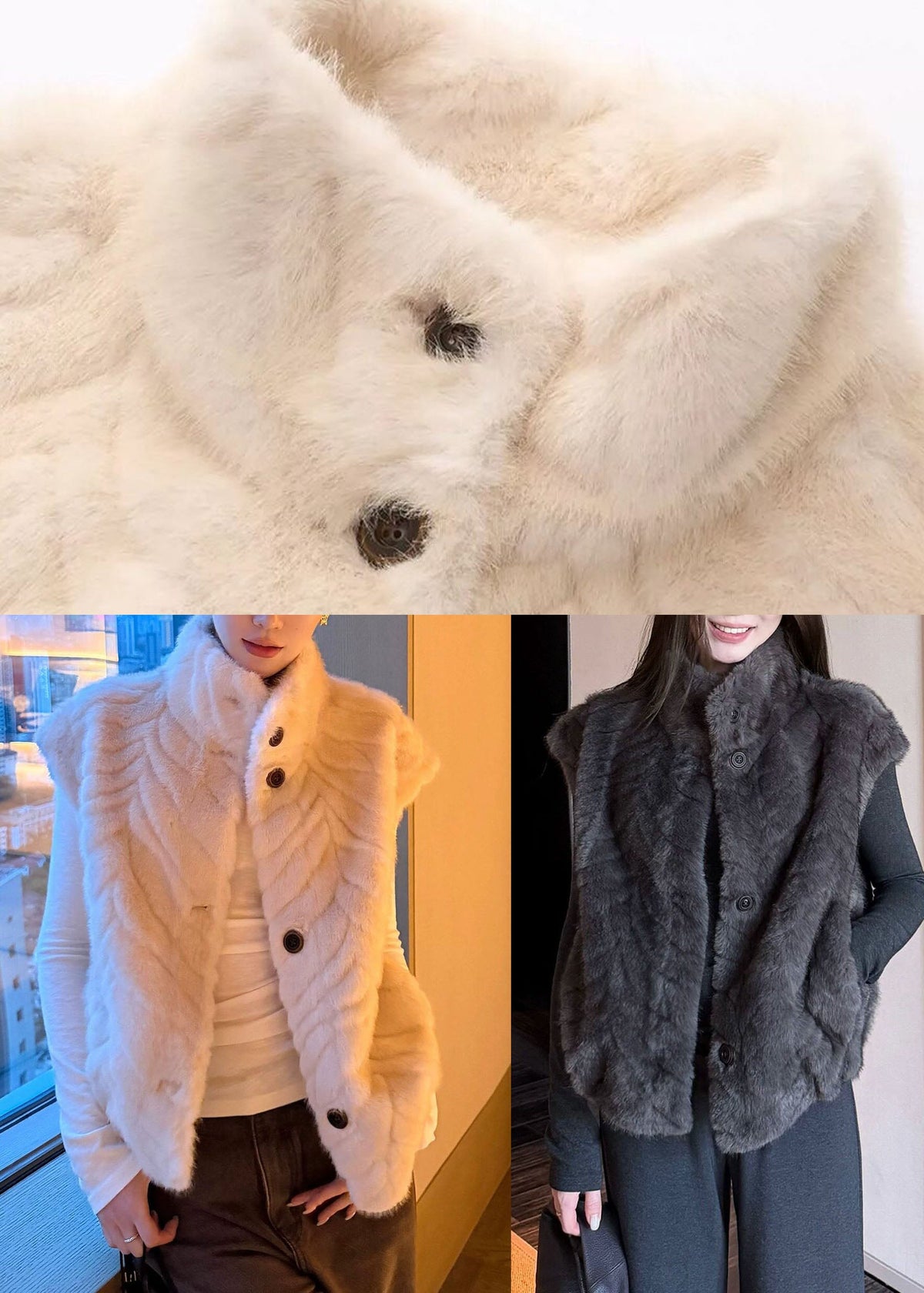 Grey Stand Collar Pockets Fuzzy Fur Waistcoat Winter
