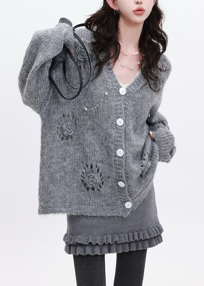 Grey Stereoscopic Floral Knit Loose Coat Oversized Winter