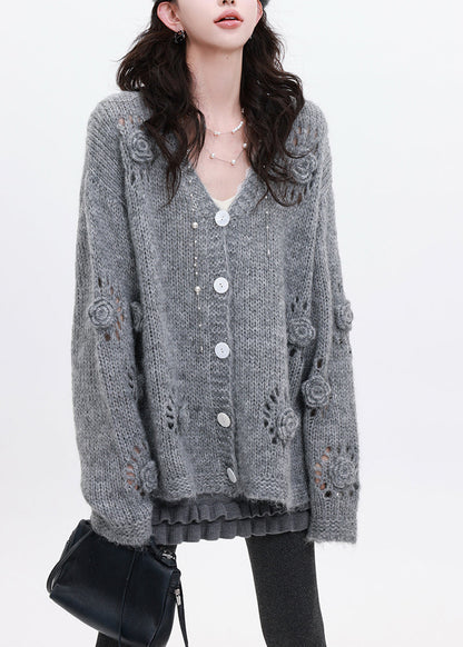 Grey Stereoscopic Floral Knit Loose Coat Oversized Winter