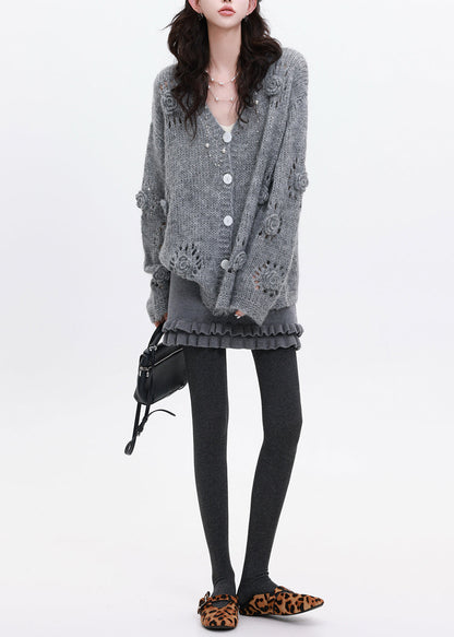 Grey Stereoscopic Floral Knit Loose Coat Oversized Winter