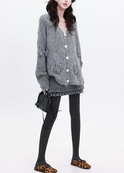 Grey Stereoscopic Floral Knit Loose Coat Oversized Winter