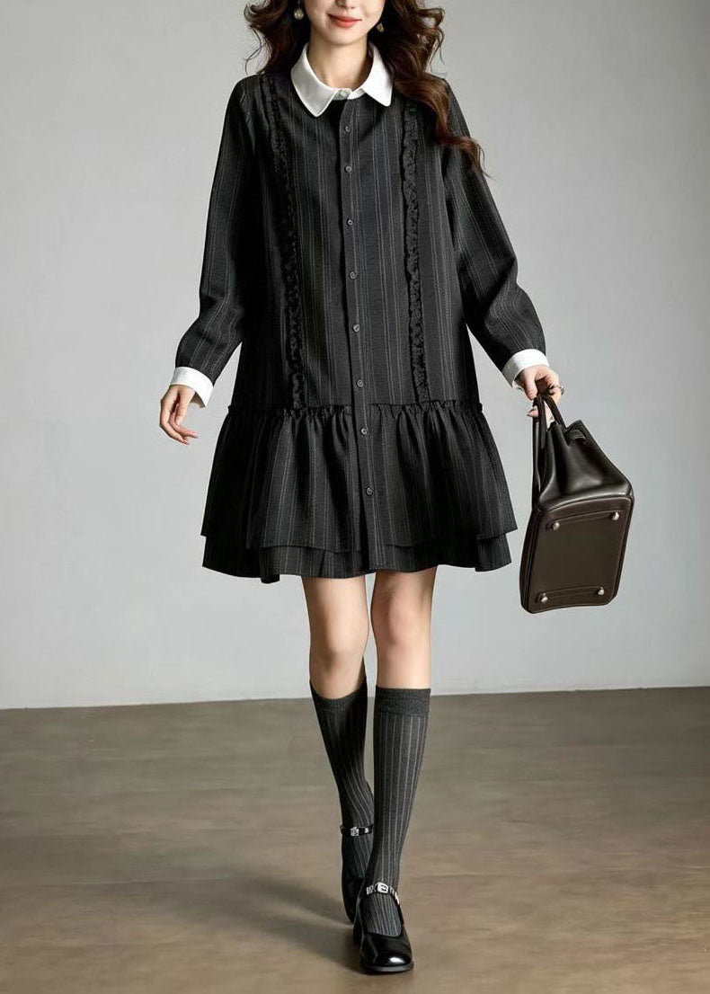 Grey Striped Shirts Dresses Contrast Peter Pan Collar Fall