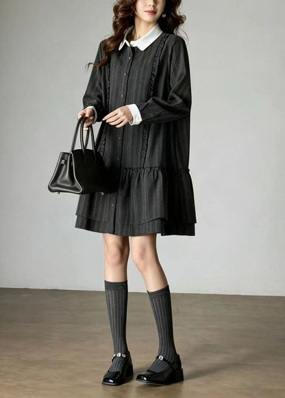 Grey Striped Shirts Dresses Contrast Peter Pan Collar Fall