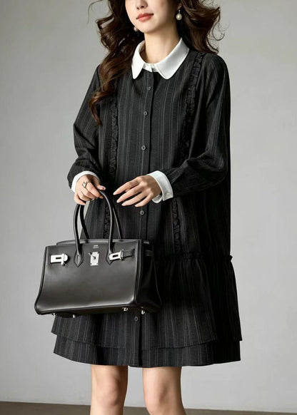 Grey Striped Shirts Dresses Contrast Peter Pan Collar Fall