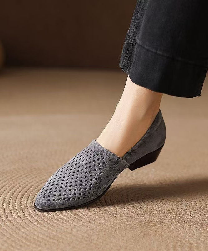 Grey Suede Hollow Out Splicing Loafers For Women