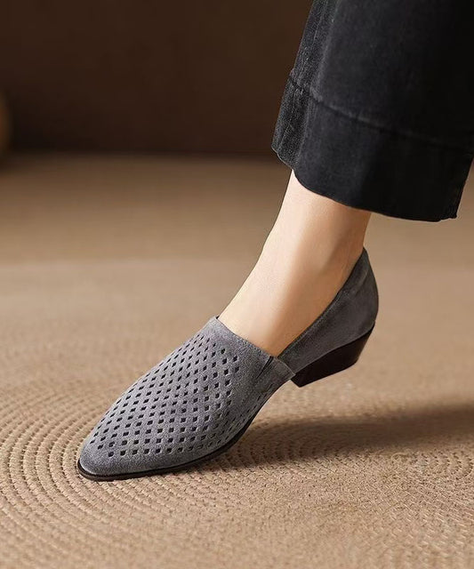 Grey Suede Hollow Out Splicing Loafers For Women