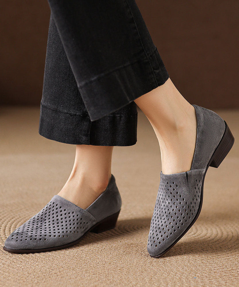 Grey Suede Hollow Out Splicing Loafers For Women