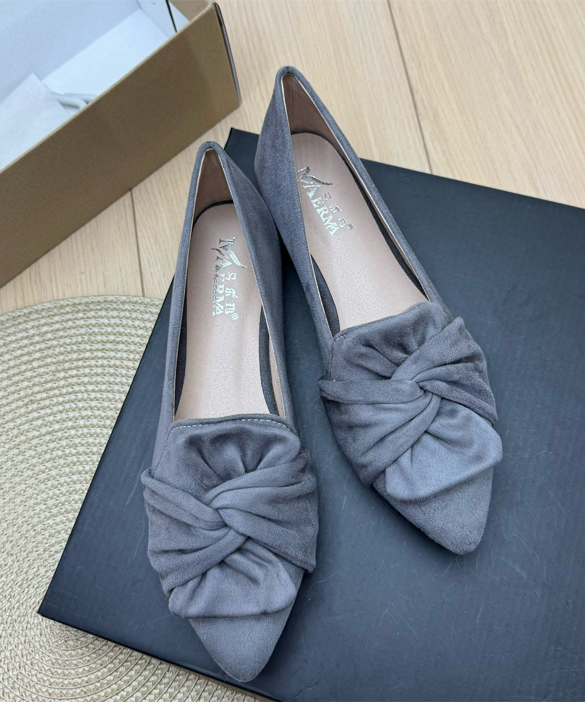 Grey Suede Penny Loafers Splicing Bow Pointed Toe Plus Size