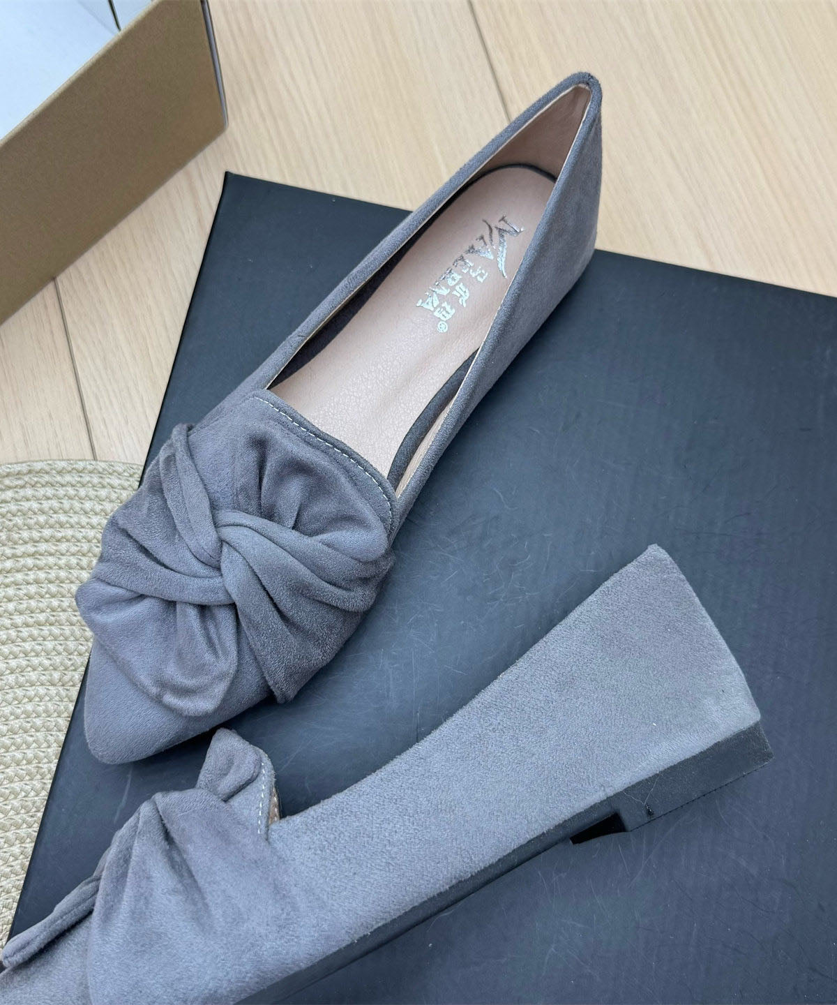 Grey Suede Penny Loafers Splicing Bow Pointed Toe Plus Size