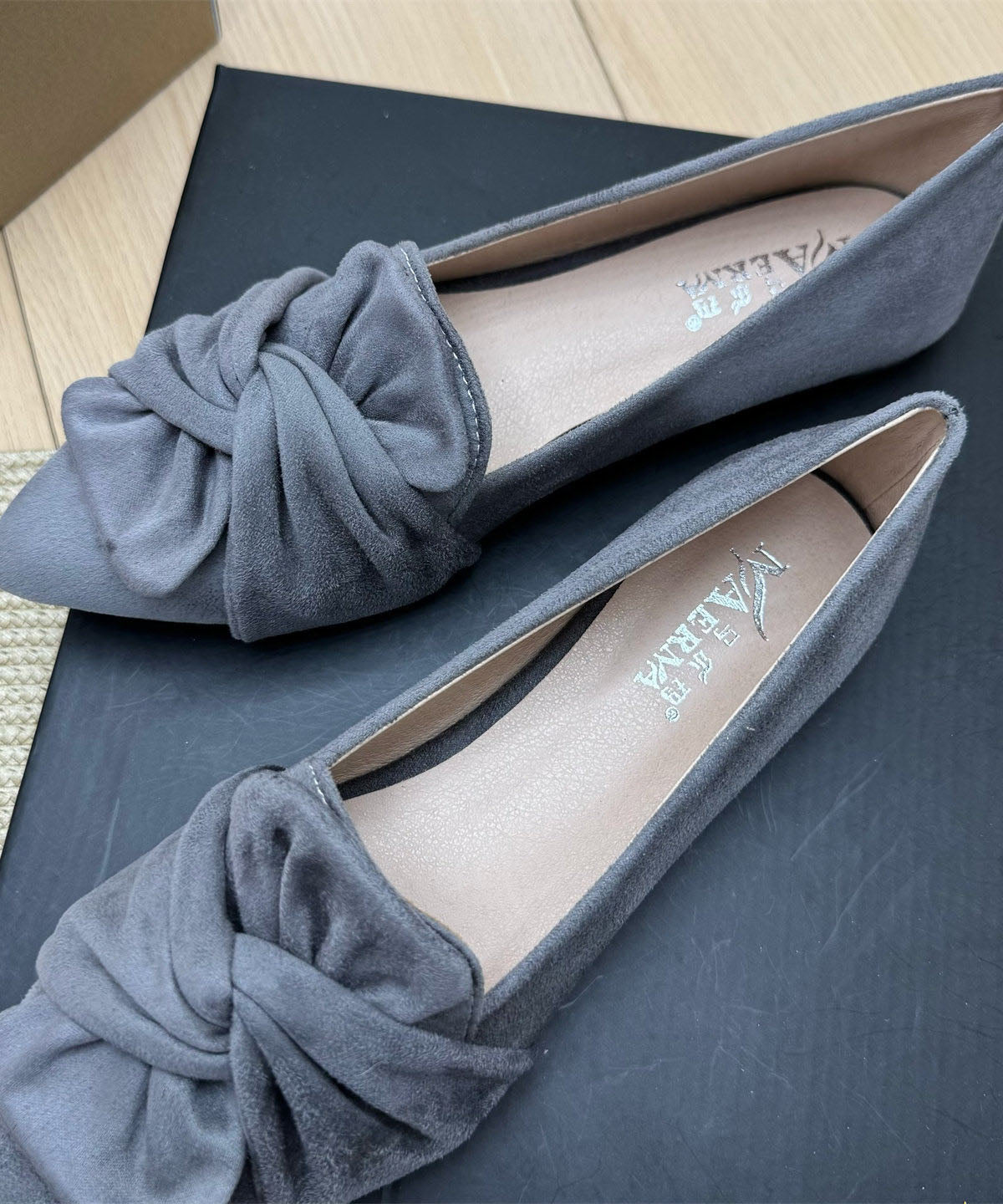 Grey Suede Penny Loafers Splicing Bow Pointed Toe Plus Size