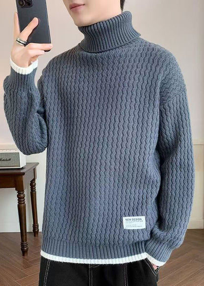 Grey Thick Patchwork Knit Winter Men Sweater Turtleneck