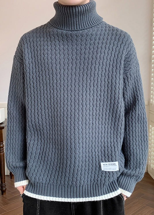 Grey Thick Patchwork Knit Winter Men Sweater Turtleneck