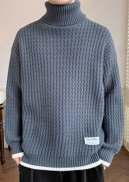 Grey Thick Patchwork Knit Winter Men Sweater Turtleneck