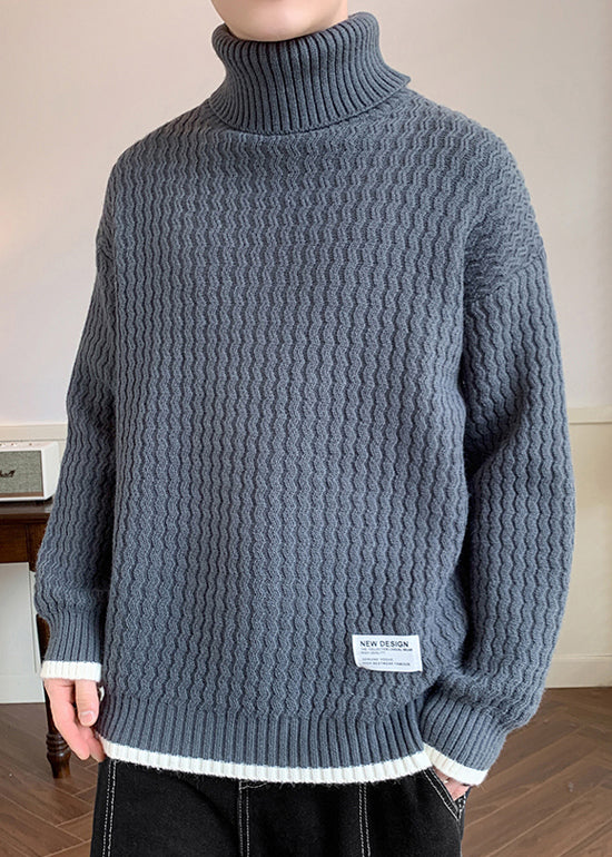 Grey Thick Patchwork Knit Winter Men Sweater Turtleneck