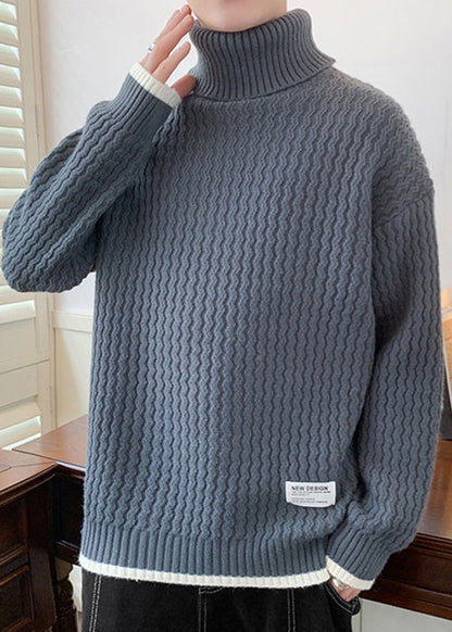 Grey Thick Patchwork Knit Winter Men Sweater Turtleneck
