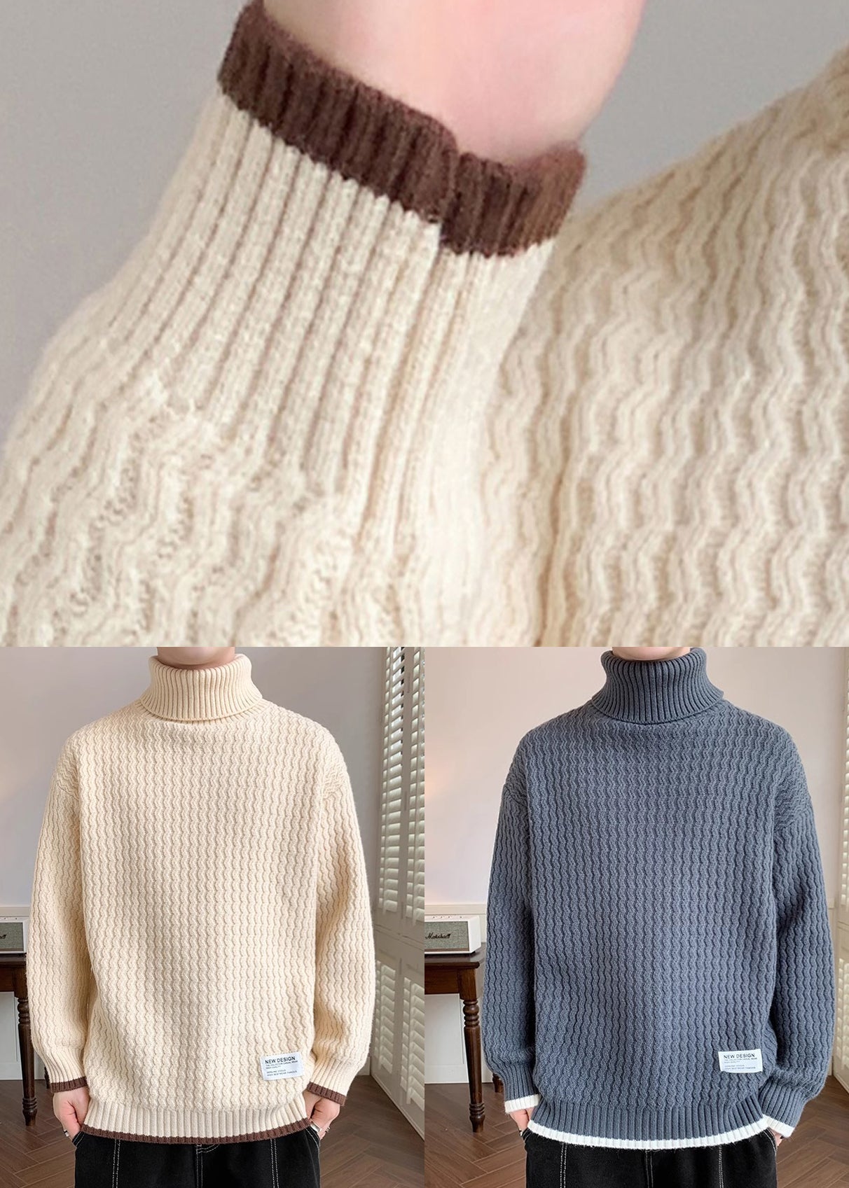 Grey Thick Patchwork Knit Winter Men Sweater Turtleneck