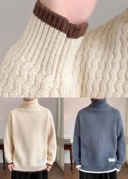 Grey Thick Patchwork Knit Winter Men Sweater Turtleneck