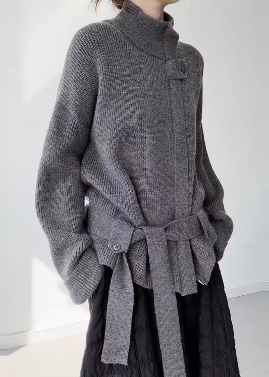 Grey Warm Knit Loose Coat Zip Up Stand Collar Winter