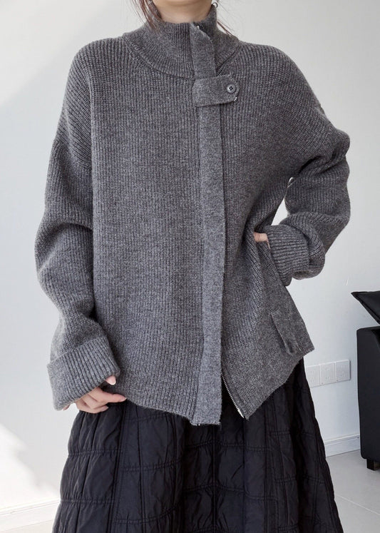 Grey Warm Knit Loose Coat Zip Up Stand Collar Winter