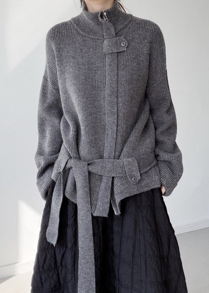 Grey Warm Knit Loose Coat Zip Up Stand Collar Winter