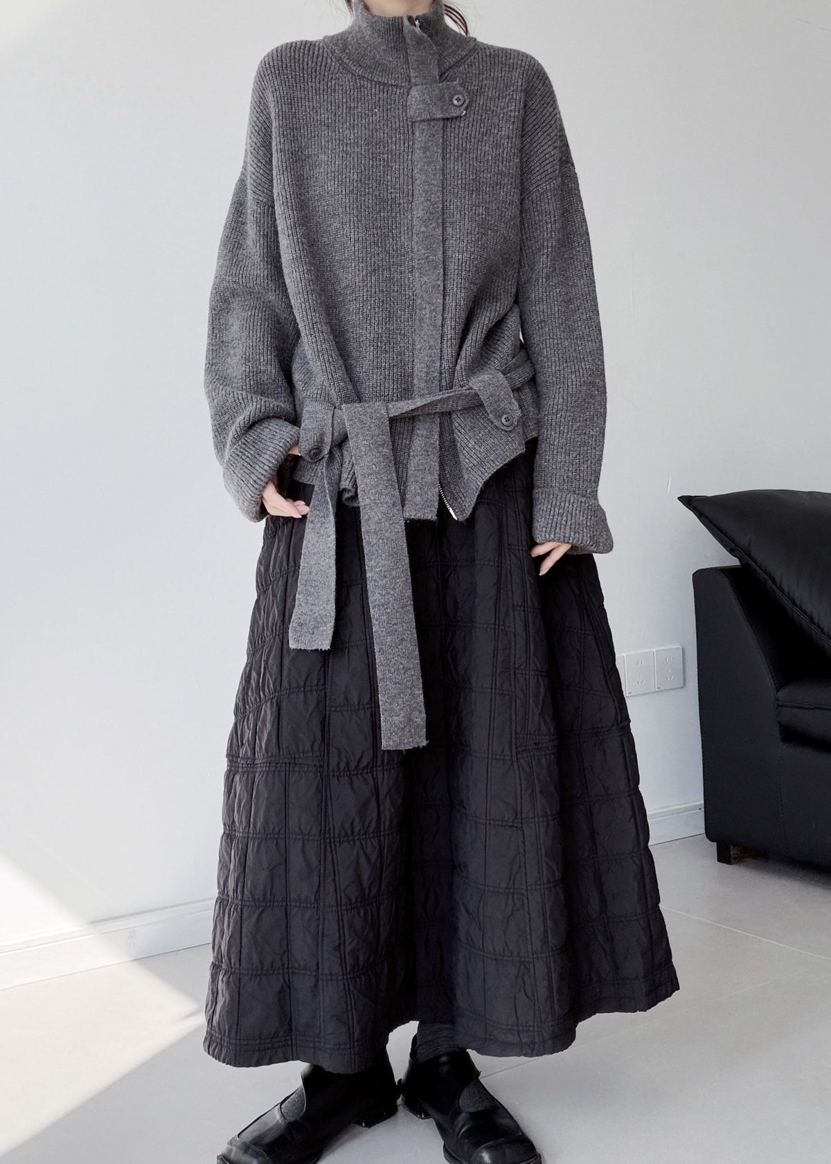 Grey Warm Knit Loose Coat Zip Up Stand Collar Winter