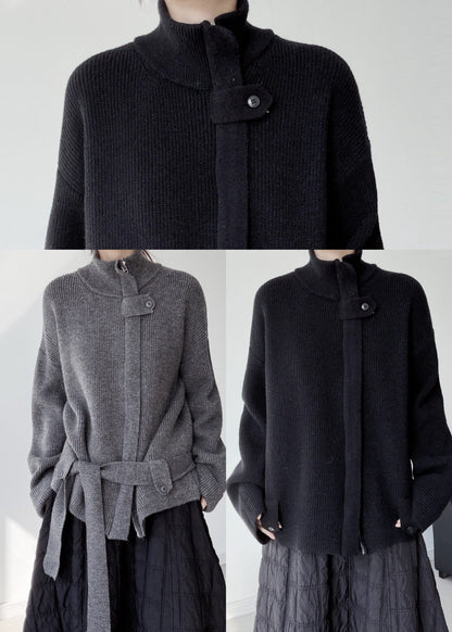 Grey Warm Knit Loose Coat Zip Up Stand Collar Winter