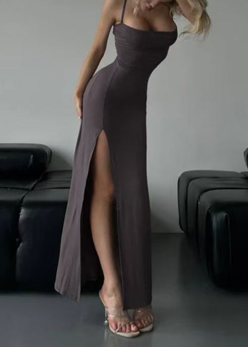 Grey Wrinkled Solid Cotton Sleeveless Spaghetti Strap Dress Lace Up