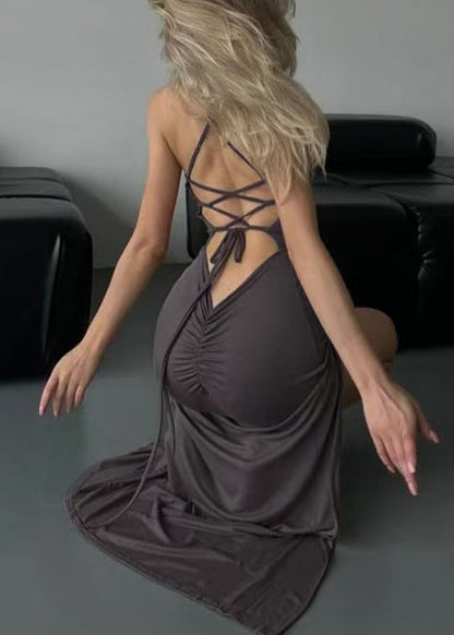 Grey Wrinkled Solid Cotton Sleeveless Spaghetti Strap Dress Lace Up