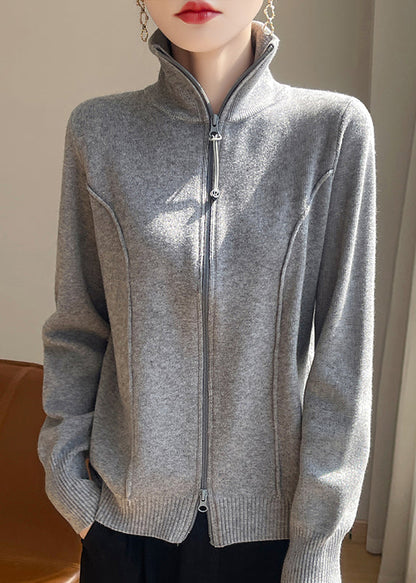 Grey Zip Up Cozy Knit Coats Stand Collar Long Sleeve
