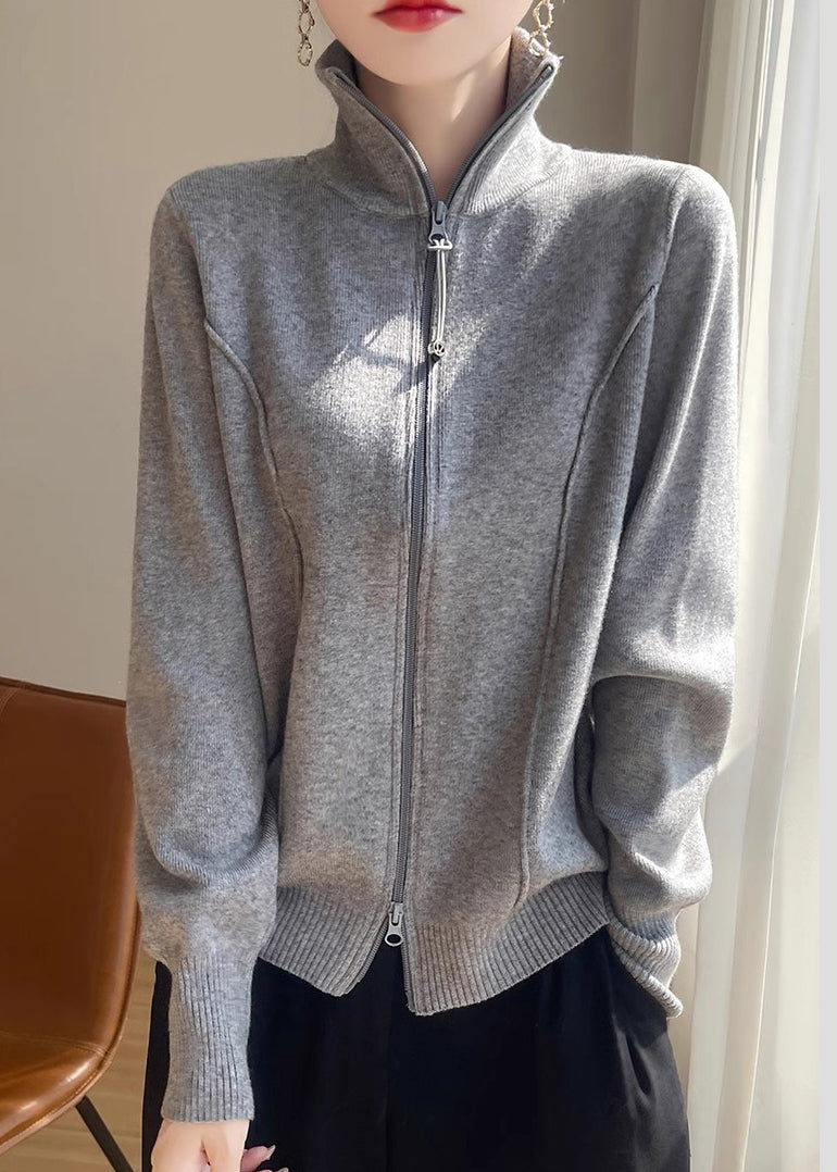 Grey Zip Up Cozy Knit Coats Stand Collar Long Sleeve