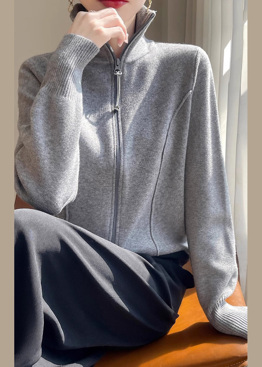 Grey Zip Up Cozy Knit Coats Stand Collar Long Sleeve
