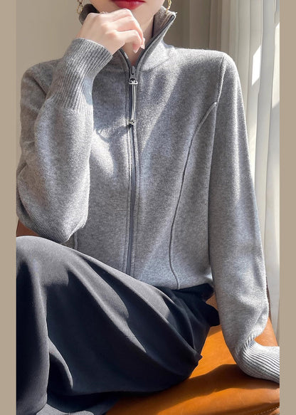 Grey Zip Up Cozy Knit Coats Stand Collar Long Sleeve