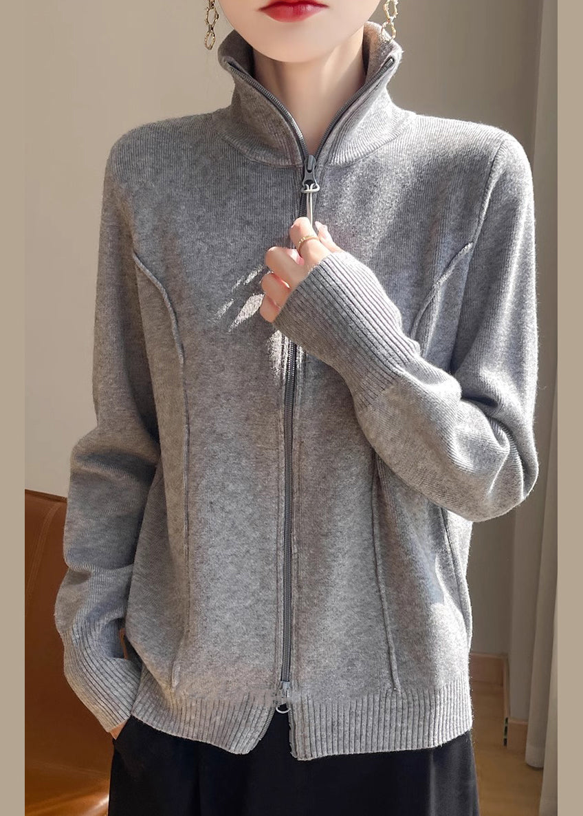 Grey Zip Up Cozy Knit Coats Stand Collar Long Sleeve