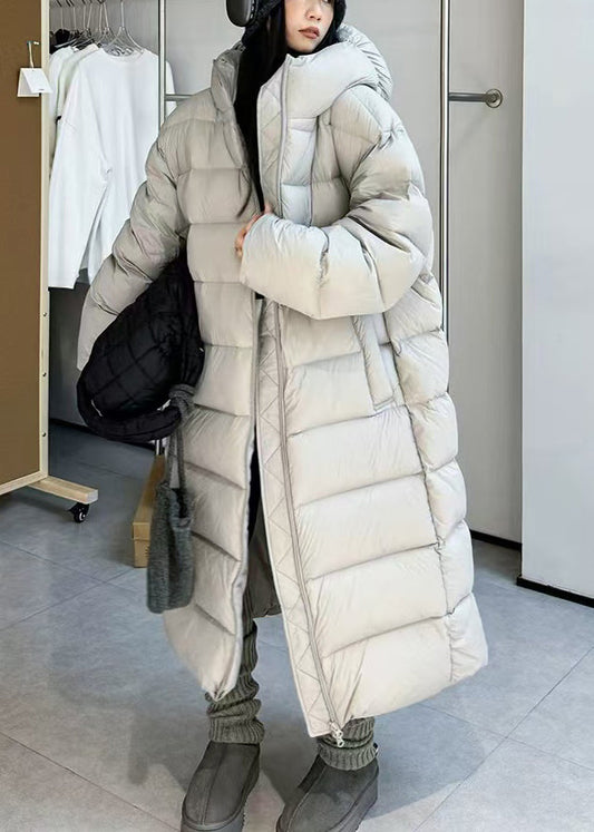 Grey Zippered Pockets Duck Down Winter Puffer Long Coat Hooded