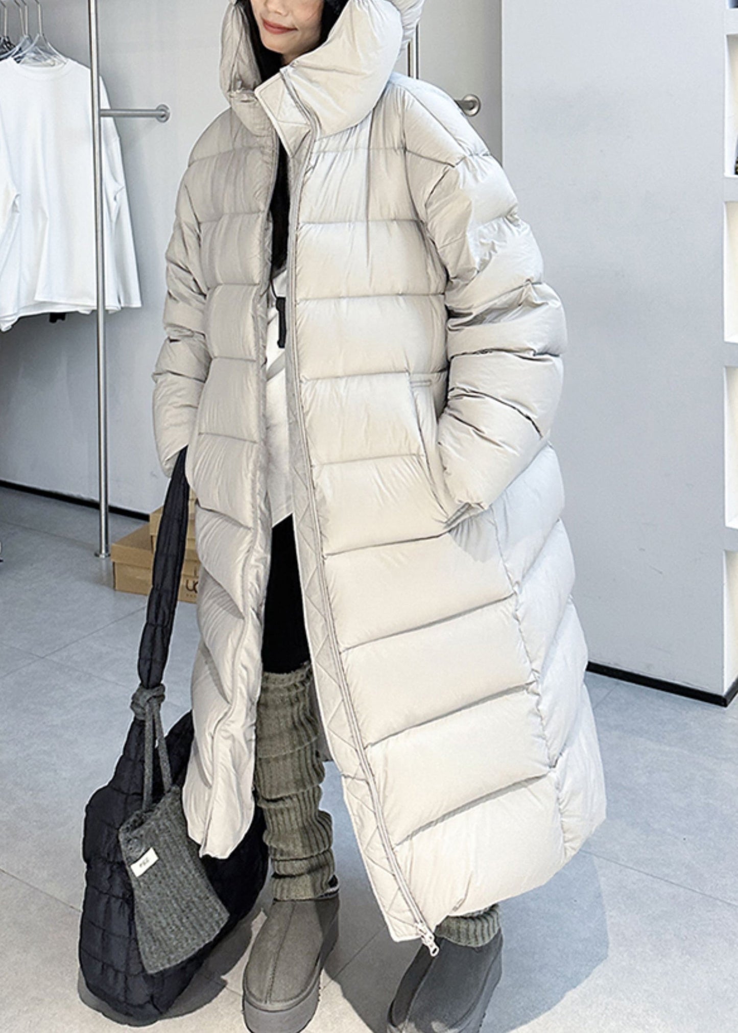 Grey Zippered Pockets Duck Down Winter Puffer Long Coat Hooded