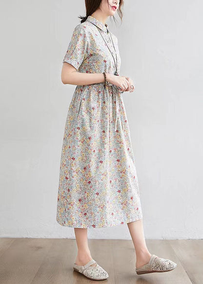 Half Sleeve O-neck Pleated Floral Print Vintage Maxi Dress
