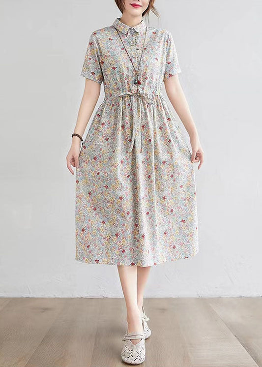 Half Sleeve O-neck Pleated Floral Print Vintage Maxi Dress