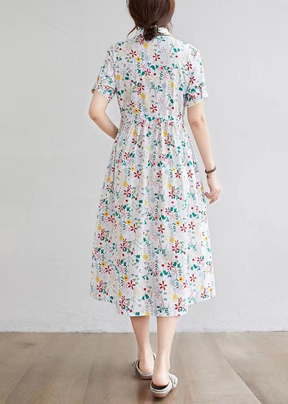 Half Sleeve O-neck Pleated Floral Print Vintage Maxi Dress