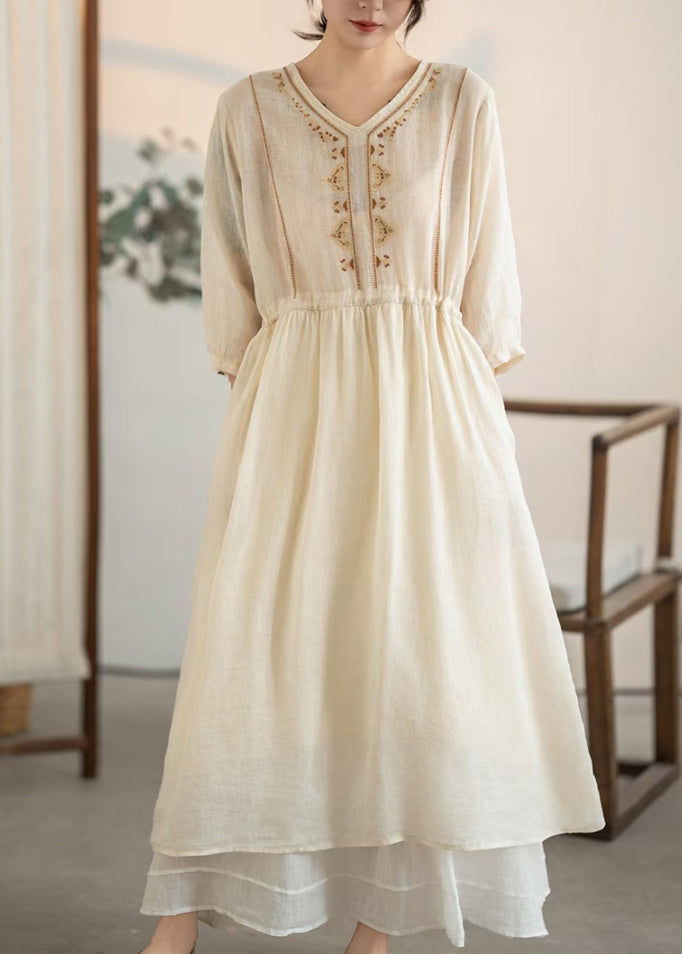 Handmade Apricot Embroidered Drawstring Linen Dress Summer