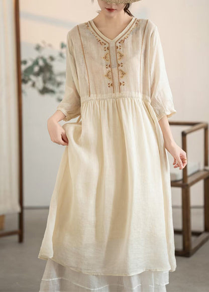 Handmade Apricot Embroidered Drawstring Linen Dress Summer