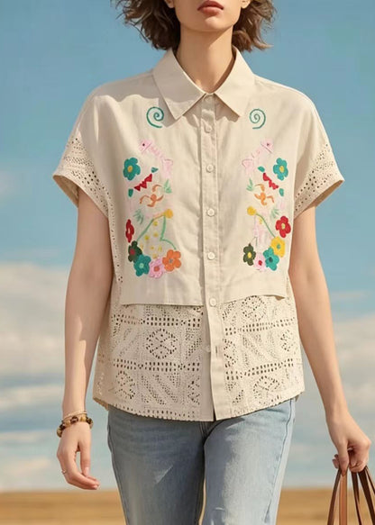 Handmade Apricot Embroidered Hollow Out Cotton Shirts Summer