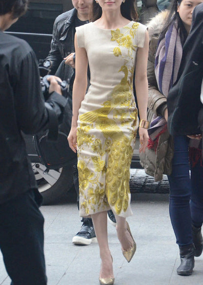 Handmade Apricot Embroidered Side Open Cotton Dresses Summer