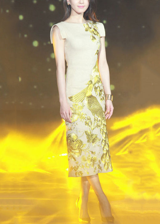 Handmade Apricot Embroidered Side Open Cotton Dresses Summer