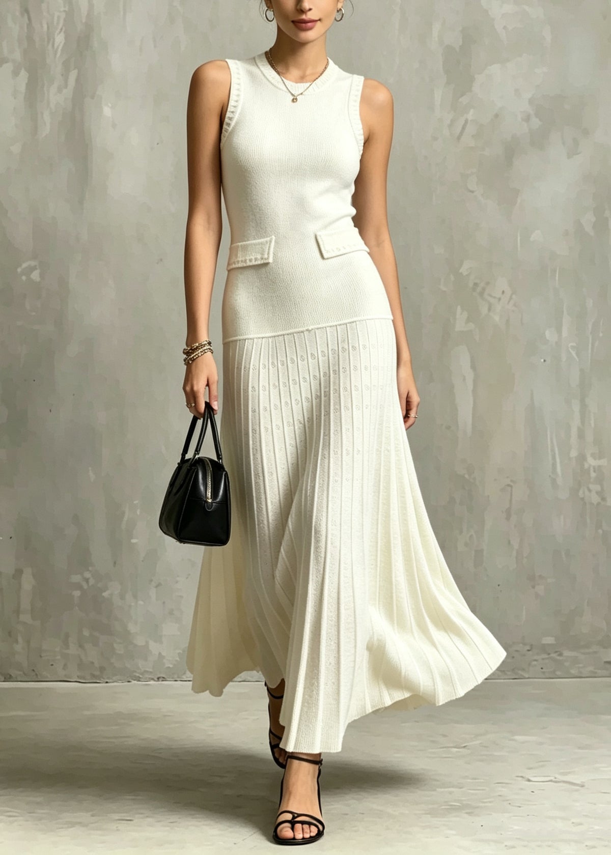 Handmade Apricot O Neck Patchwork Knit Maxi Dresses Sleeveless
