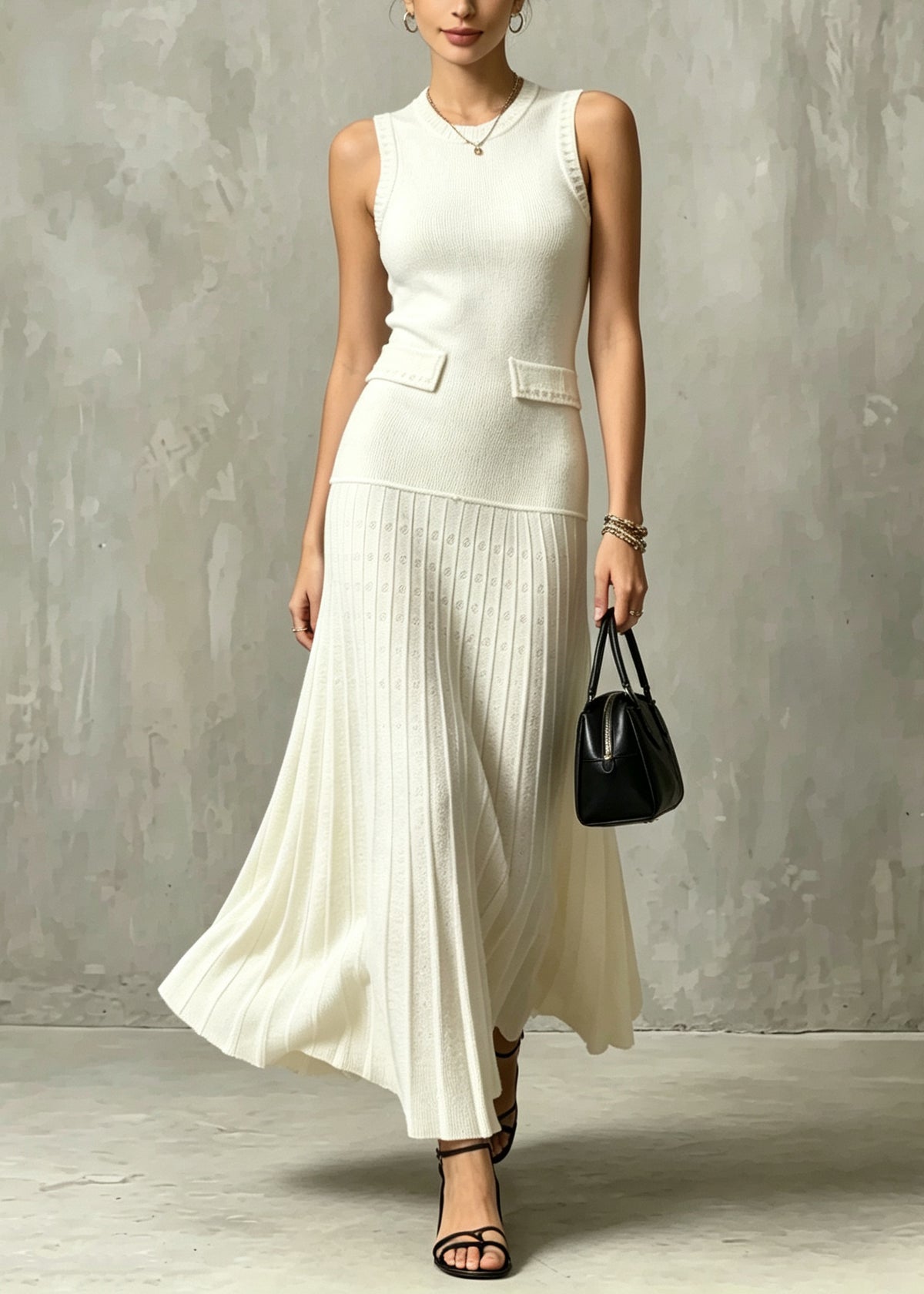 Handmade Apricot O Neck Patchwork Knit Maxi Dresses Sleeveless