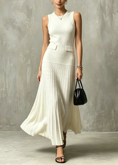 Handmade Apricot O Neck Patchwork Knit Maxi Dresses Sleeveless